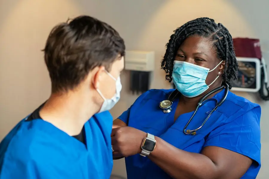 Nurses in blue uniforms